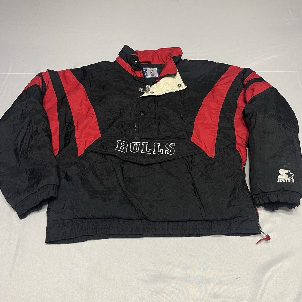 Vintage 90s Chicago Bulls NBA Puffer Jacket Starter YOUTH XL Half Zip Black